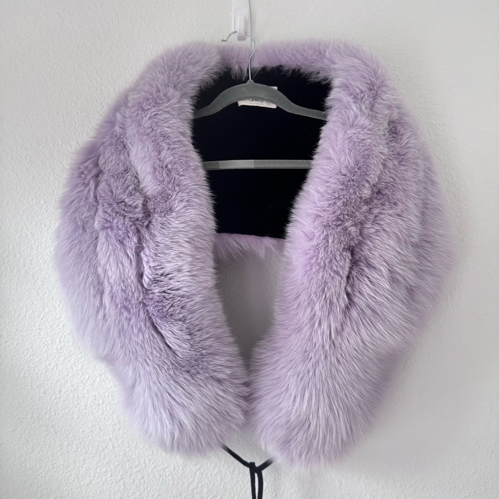 Gaucho Lavender Blue Fox Fur Wrap Scarf with Pom Pom Ties & Velvet Lining NWT - Picture 3 of 13